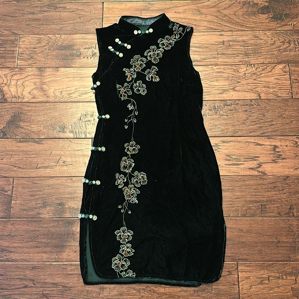 Dark Green Velvet Wrap Dress with Floral Pattern